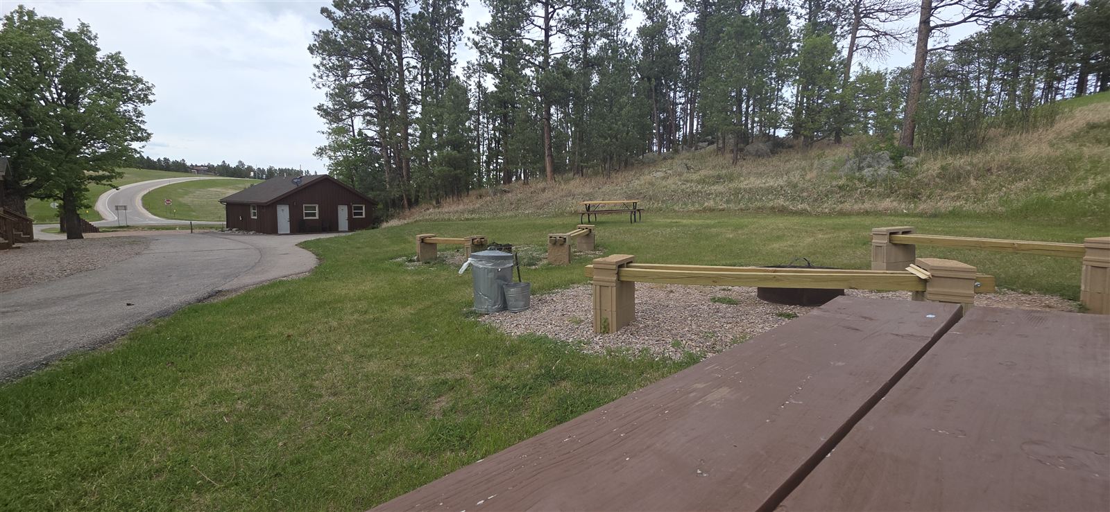 A cabin and fire pits among pine hills